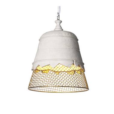 white plaster + gold brown wire netting